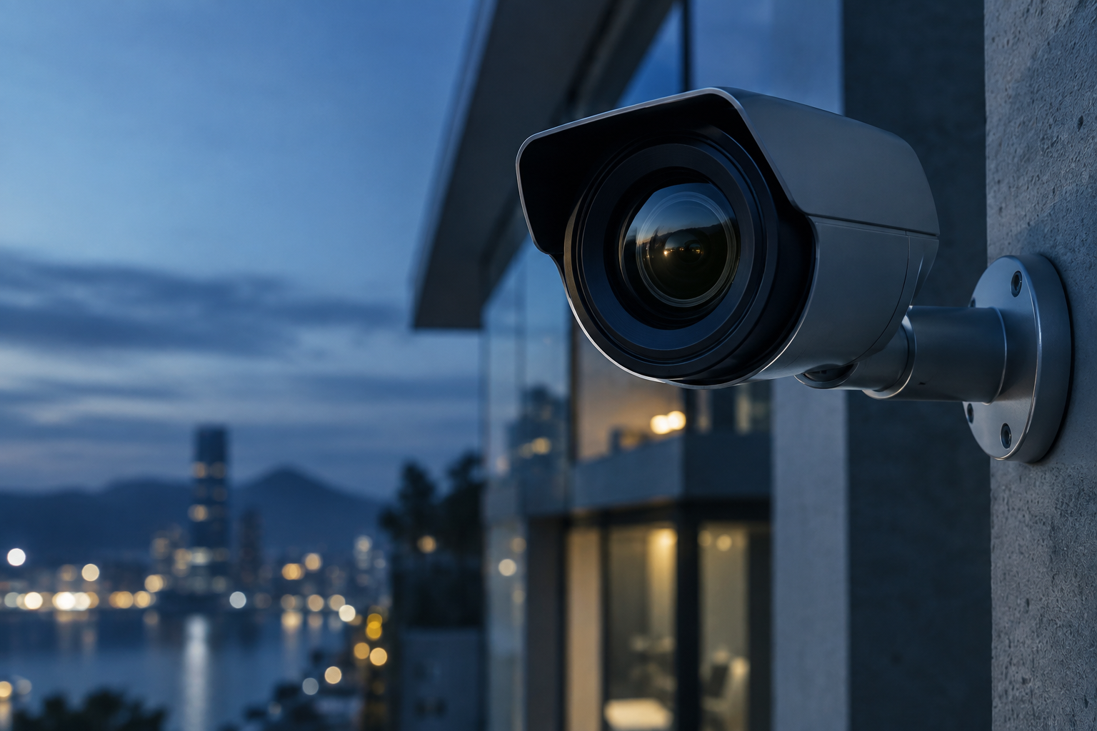 Concept security camera optics against blue-hour architecture