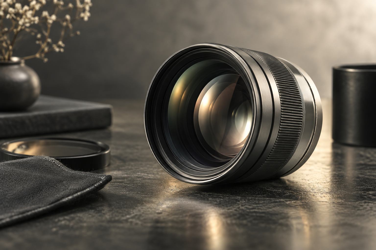Concept photograph of precision camera optics in a graphite studio
