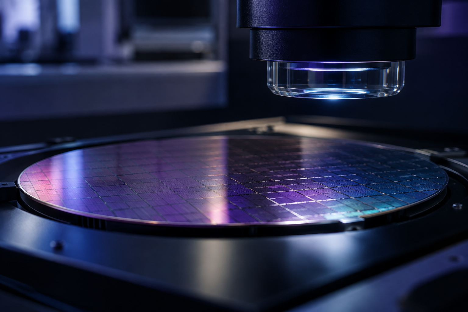 Concept silicon wafer and optical inspection glass with indigo highlights