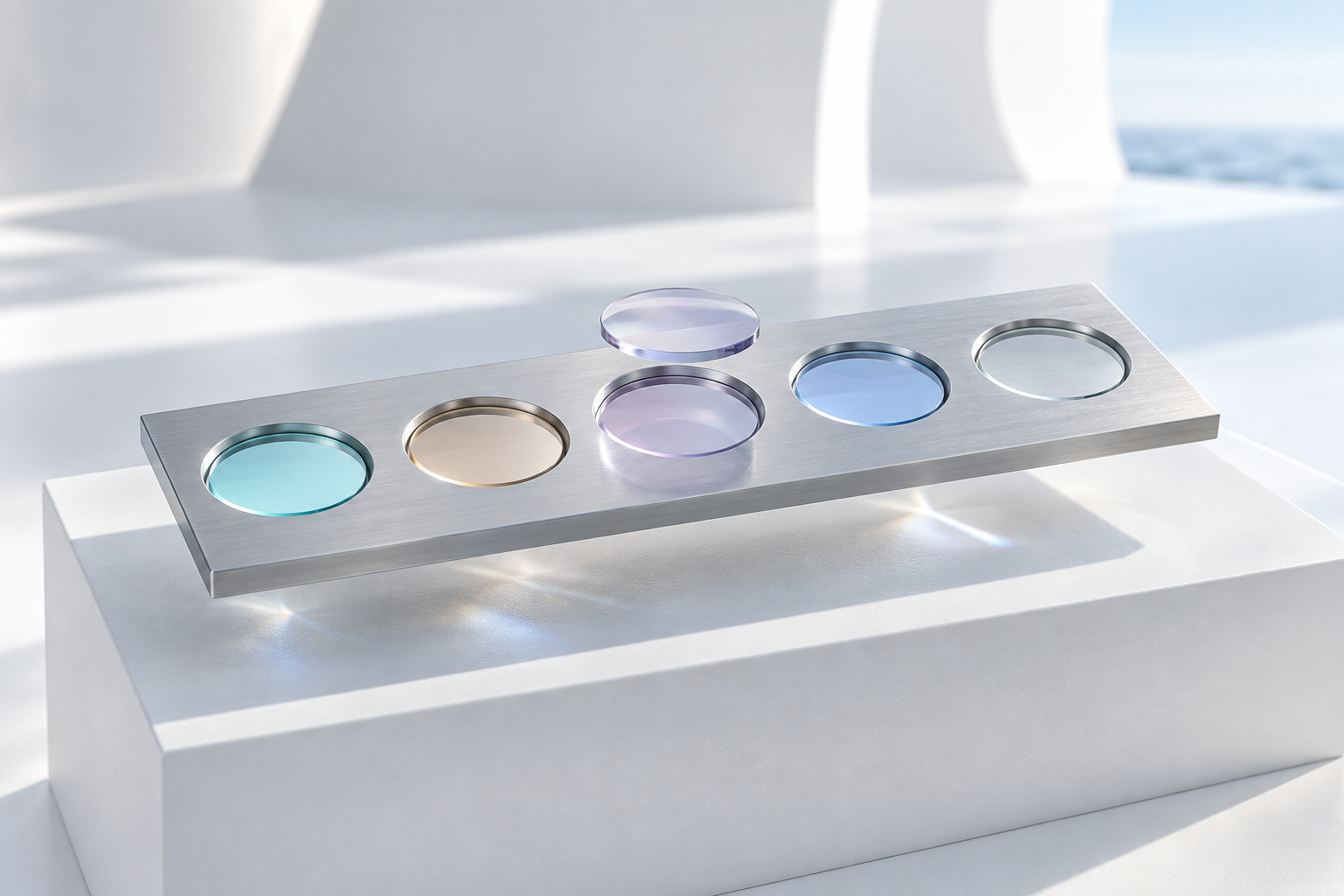 Concept illustration of precision optical samples in a silver display with cool iridescent reflections